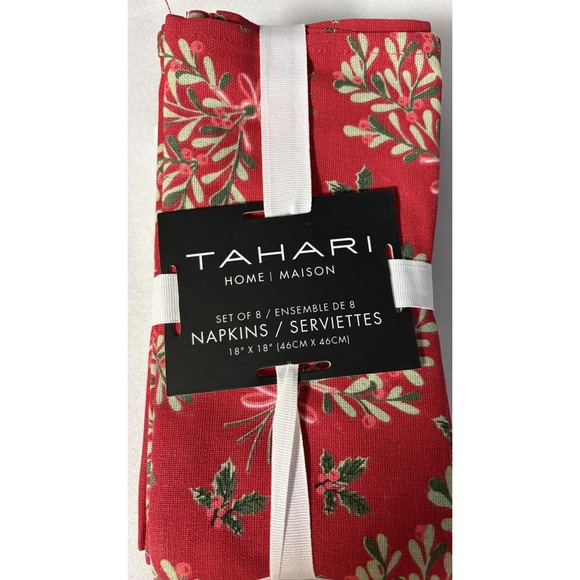 Tahari Home Other - Tahari Home Christmas Napkins Set of 8 18x18 Cotton Mistletoe Holly Red NWT